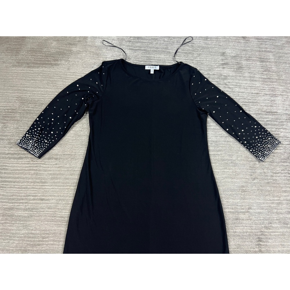 Chaus Black Pearl Rhinestone Embellished Sleeve Shift Dress Womens Large L USA - Picture 2 of 14
